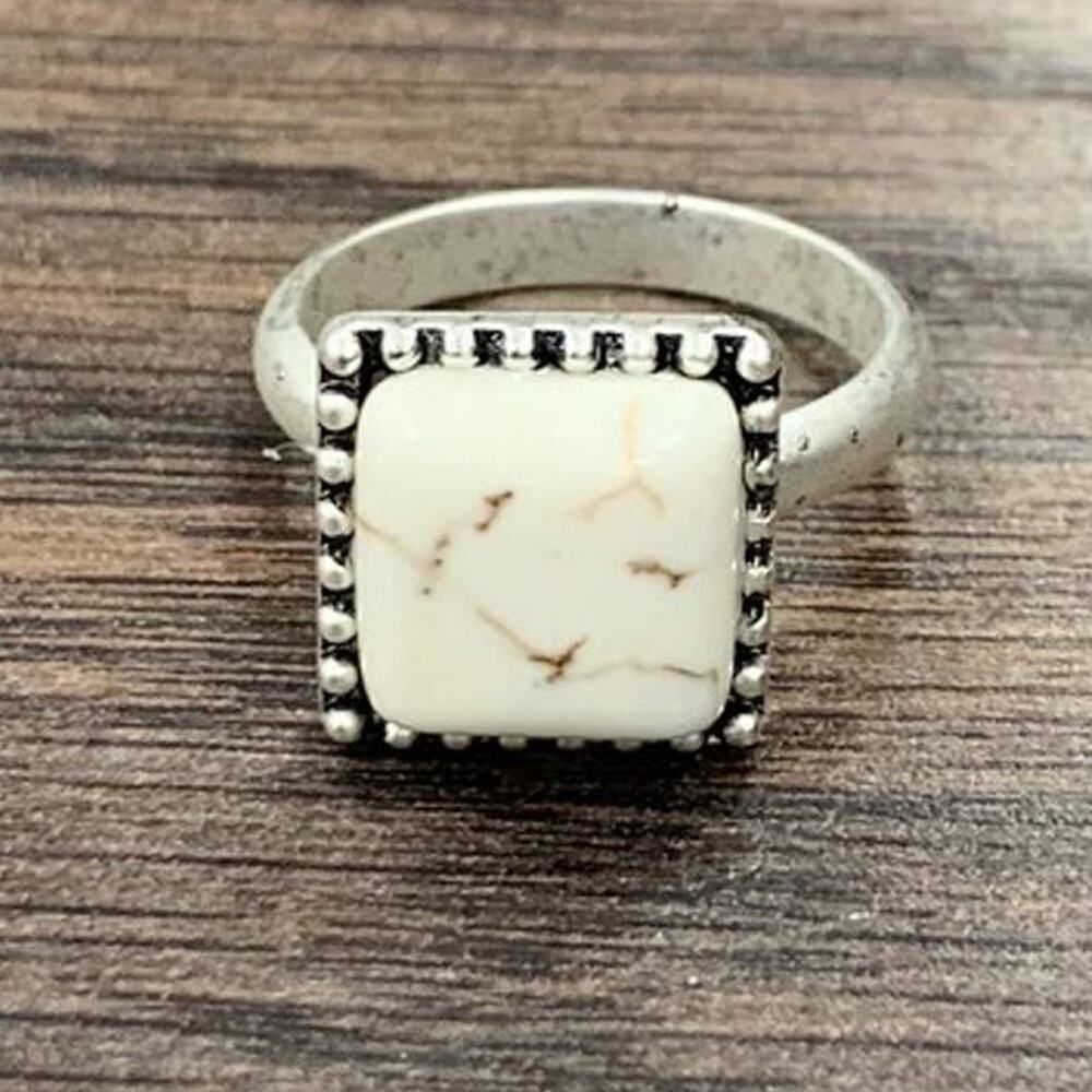 Square White Turquoise Adjustable Ring – Antique Silver Brass Band